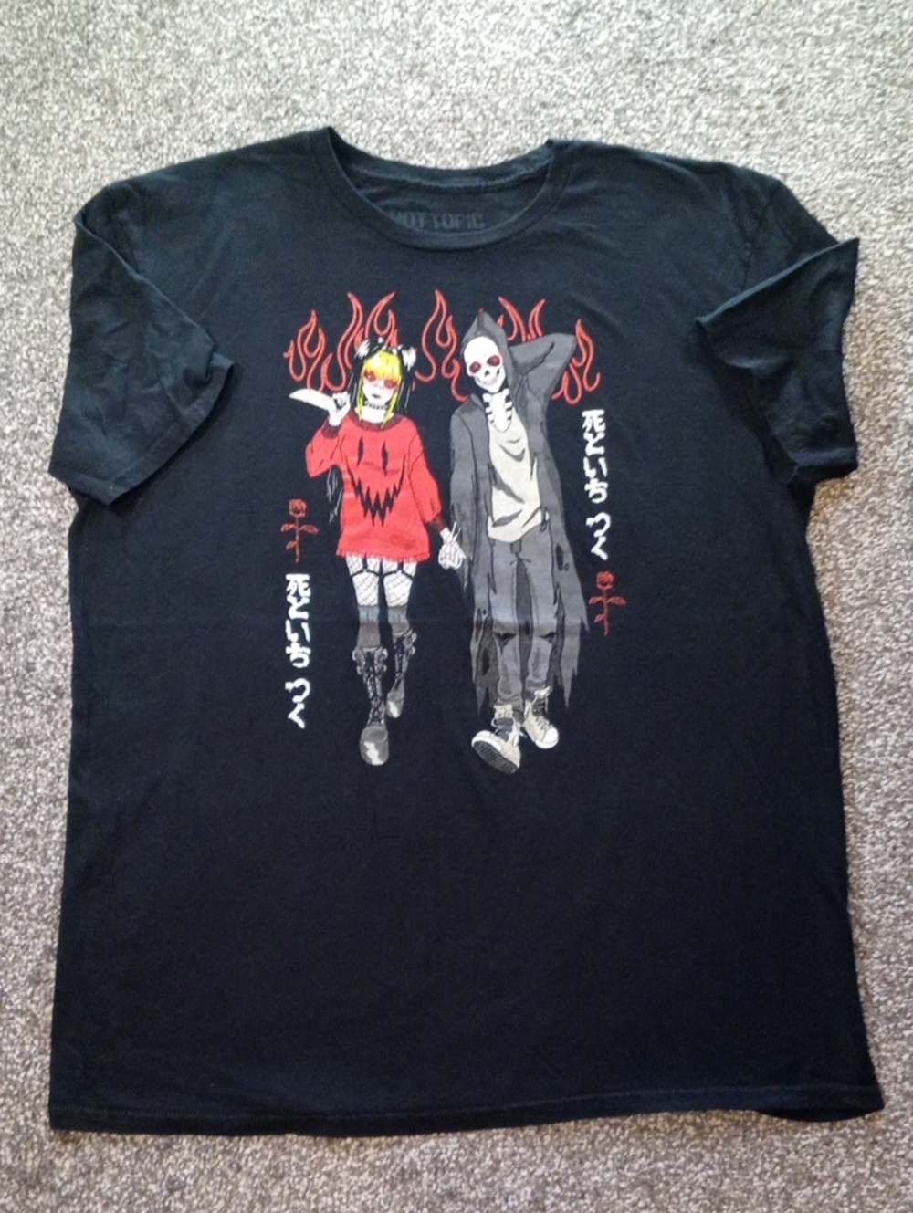 Hot Topic Black Tee with Red & Yellow Character Graphic